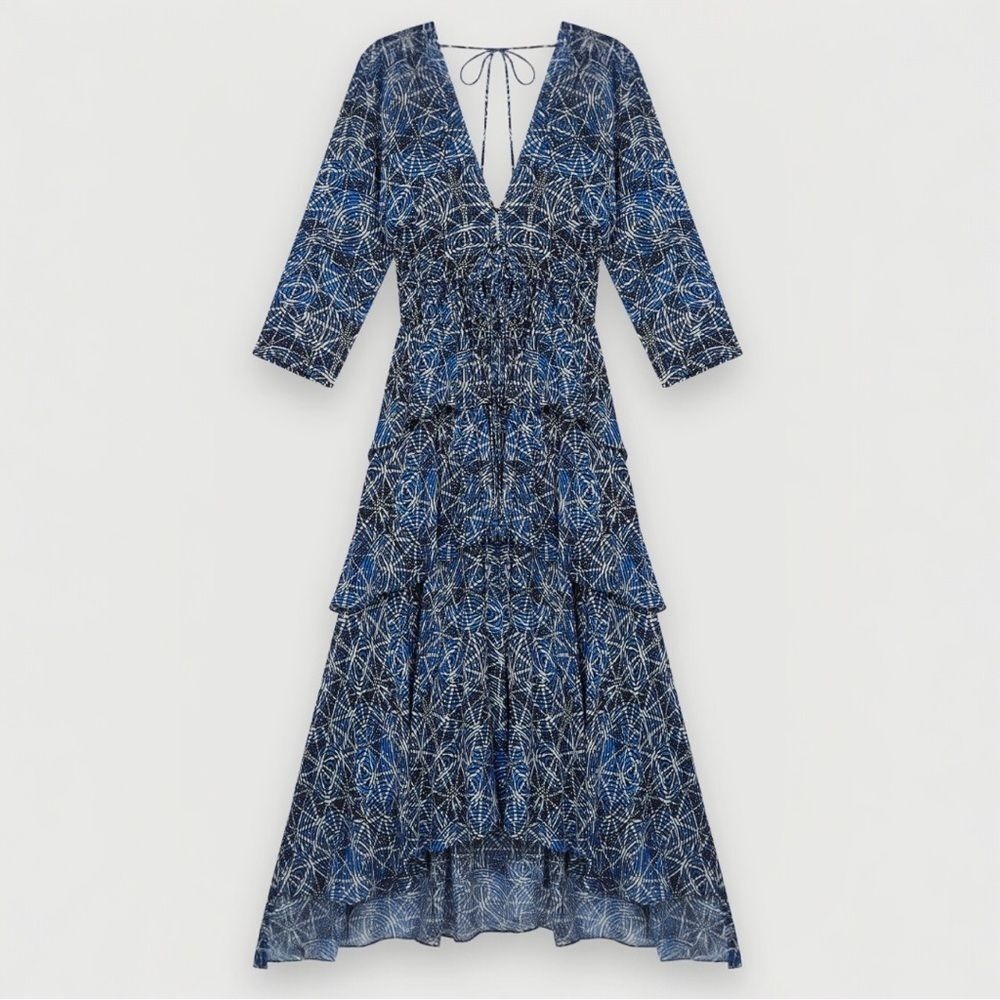 MAJE  Indigo Blue Tie-Dye Ruffled High-Low Midi‎ Dress FR 36 / US Small Bohemian